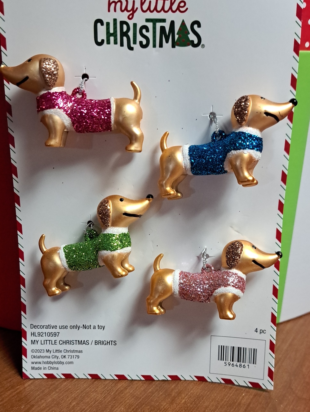 Gold Dachshund Ornaments with Glitter Sweaters - Assorted Colors (4-Pack)
